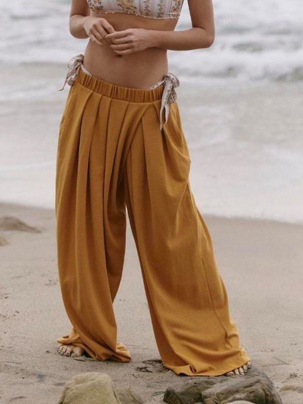 Free People Golden Mustard Wide-Leg Pleated Pants